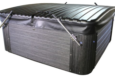 Texas Series spa with the DURA-SHIELD HardCover closed, New Coastal cabinet