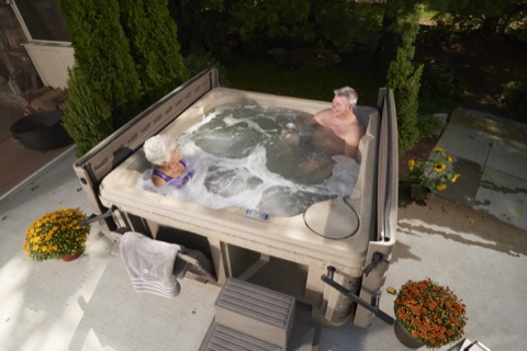Vacation Rental Series spa on a rental-property deck, overhead view